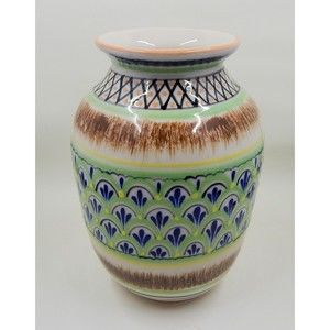Erandi Tonala Mexican Pottery Vase Blue Green Fan Signed